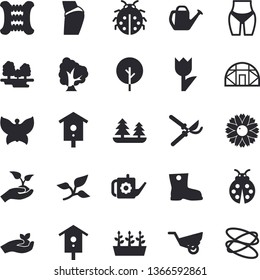 Solid vector icon set - nesting box flat vector, tree, flower, ladybird, secateurs, seedlings, watering can, garden wheelbarrow, gumboots, tulip, butterflies, greenhouse, leaf, forest, buttocks