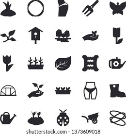 Solid vector icon set - nesting box flat vector, ladybird, pitchfork, seedlings, watering can, planting plants, garden wheelbarrow, gumboots, tulip, butterflies, greenhouse, tree leaf, forest, hoop