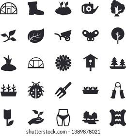 Solid vector icon set - nesting box flat vector, tree, flower, ladybird, pitchfork, seedlings, watering can, planting plants, garden wheelbarrow, gumboots, tulip, butterflies, greenhouse, leaf