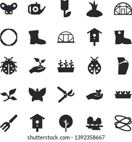 Solid vector icon set - nesting box flat vector, tree, ladybird, pitchfork, secateurs, seedlings, watering can, planting plants, gumboots, tulip, butterflies, greenhouse, leaf, forest, buttocks