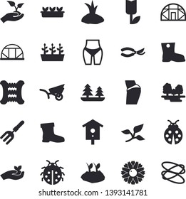 Solid vector icon set - nesting box flat vector, flower, ladybird, pitchfork, secateurs, seedlings, planting plants, garden wheelbarrow, gumboots, tulip, greenhouse, tree leaf, forest, buttocks