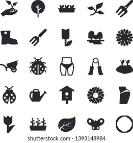 Solid vector icon set - nesting box flat vector, tree, flower, ladybird, pitchfork, seedlings, watering can, planting plants, garden wheelbarrow, gumboots, tulip, butterflies, leaf, forest, buttocks