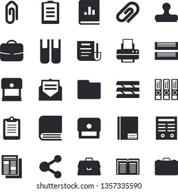 Solid vector icon set - news flat vector, book balance accounting, clipboard, briefcase, notebook, document, computer file, printer, paper tray, contract, stamp, folders for papers, share, clip