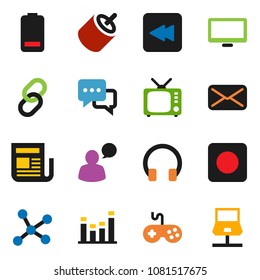 solid vector icon set - newspaper vector, tv, gamepad, equalizer, dialog, speaking man, headphones, monitor, link, battery, mail, backward button, rec, rca, network, notebook