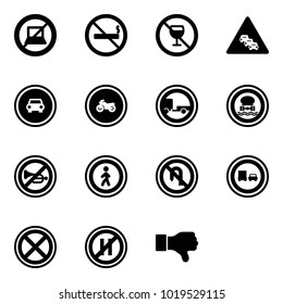 Solid vector icon set - no computer sign vector, smoking, alcohol, multi lane traffic road, car, moto, trailer, dangerous cargo, horn, pedestrian, turn back, truck overtake, stop, parking even