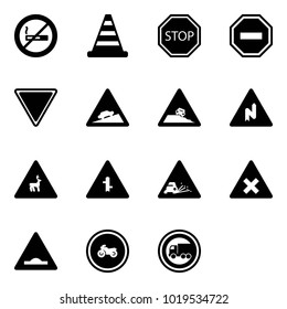 Solid vector icon set - no smoking sign vector, road cone, stop, way, giving, climb, steep roadside, abrupt turn right, wild animals, intersection, gravel, railway, artificial unevenness, moto