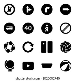 Solid vector icon set - no mobile sign vector, only forward right road, bus, minimal speed limit, pedestrian way, friends, reload, pause, volleyball, globe, playback, basin, beach ball