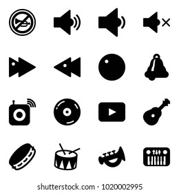 Solid vector icon set - no horn vector road sign, volume medium, low, off, fast forward, backward, record, bell, wireless speaker, cd, playback, guitar, tambourine, drum, toy, piano