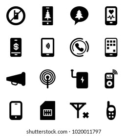 Solid vector icon set - no mobile sign vector, christmas, merry message, heart monitor, payment, phone horn, speaker, antenna, power bank, music player, sim, signal, toy