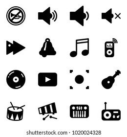 Solid vector icon set - no horn vector road sign, volume medium, low, off, fast forward, bell, music, player, cd, playback, record button, guitar, drum, xylophone, toy piano, radio