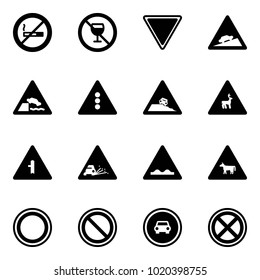 Solid vector icon set - no smoking sign vector, alcohol, giving way road, climb, embankment, traffic light, steep roadside, wild animals, intersection, gravel, rough, cow, prohibition, car, stop