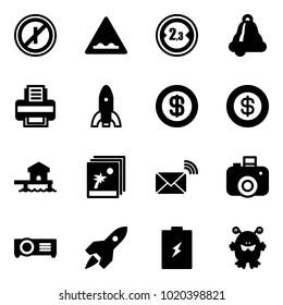 Solid vector icon set - no parkin odd, rough road vector sign, limited width, bell, printer, rocket, dollar, bungalow, photo, wireless mail, camera, projector, battery, toy monster