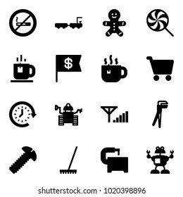 Solid vector icon set - no smoking sign vector, baggage truck, cake man, lollipop, tea, dollar flag, hot, cart, clock around, robot, fine signal, plumber, screw, rake, machine tool