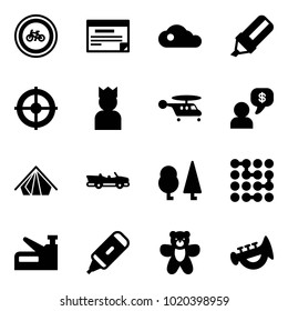 Solid vector icon set - no bike vector road sign, schedule, cloud, highlight marker, target, king, helicopter, money dialog, tent, cabrio, forest, circuit, stapler, bear toy, horn