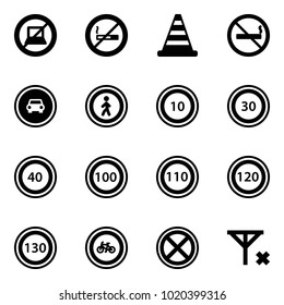 Solid vector icon set - no computer sign vector, smoking, road cone, car, pedestrian, speed limit 10, 30, 40, 100, 110, 120, 130, bike, stop, signal