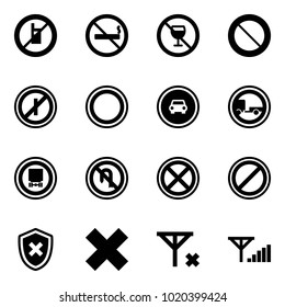 Solid vector icon set - no mobile sign vector, smoking, alcohol, prohibition road, parkin odd, car, trailer, dangerous cargo, turn back, stop, parking, shield cross, delete, signal, fine