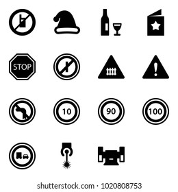 Solid vector icon set - no mobile sign vector, christmas hat, wine, star postcard, stop road, parkin odd, railway intersection, attention, left turn, speed limit 10, 90, 100, truck overtake, laser