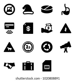 Solid vector icon set - no computer sign vector, christmas hat, pill, stomach, tap pay, account statement, investment, intersection road, cow, limited height, circle, telescope, agreement, suitcase