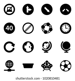 Solid vector icon set - no computer sign vector, only forward right road, detour, minimal speed limit, friends, time, reload, globe, basin, ufo toy, soccer ball