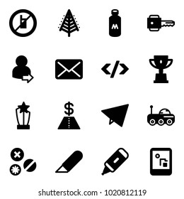 Solid vector icon set - no mobile sign vector, christmas tree, milk, key, user login, mail, tag code, win cup, award, dollar, paper fly, moon rover, rivet, work knife, marker, game console