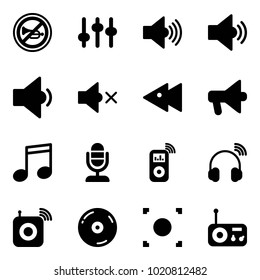 Solid vector icon set - no horn vector road sign, settings, volume max, medium, low, off, fast backward, loudspeaker, music, microphone, player, wireless headphones, speaker, cd, record button