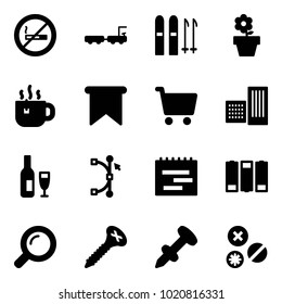 Solid vector icon set - no smoking sign vector, baggage truck, ski, flower pot, hot tea, flag, cart, building, wine, bezier, terms plan, battery, magnifier, screw, nail dowel, rivet