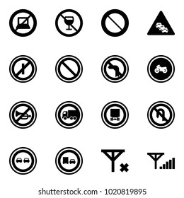 Solid vector icon set - no computer sign vector, alcohol, prohibition road, multi lane traffic, parkin odd, left turn, moto, horn, truck, dangerous cargo, back, overtake, signal, fine