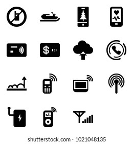 Solid vector icon set - no mobile sign vector, snowmobile, christmas, heart monitor, tap pay, credit card, upload cloud, phone horn, growth, notebook wi fi, antenna, power bank, music player