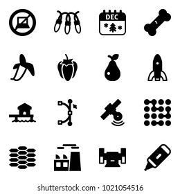Solid vector icon set - no computer sign vector, garland, christmas calendar, broken bone, banana, sweet pepper, pear, rocket, bungalow, bezier, satellite, circuit, carbon, plant, sharpening, marker