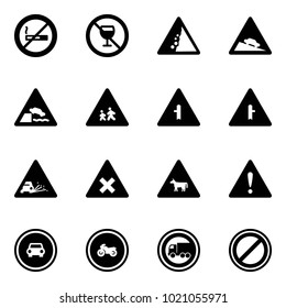 Solid vector icon set - no smoking sign vector, alcohol, landslide road, steep descent, embankment, children, intersection, gravel, railway, cow, attention, car, moto, truck, parking