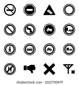 Solid vector icon set - no smoking sign vector, way road, multi lane traffic, prohibition, left turn, moto, trailer, pedestrian, bus, bike, truck overtake, parking even, dislike, delete, signal