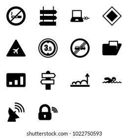 Solid vector icon set - no smoking sign vector, post, notebook connect, main road, airport, limited height, end overtake limit, folder, statistics, signpost, growth, swimming, satellite antenna