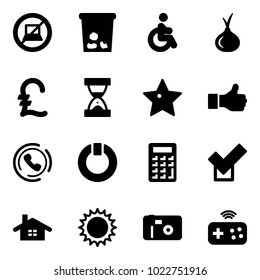 Solid vector icon set - no computer sign vector, trash, disabled, onion, pound, sand clock, star, like, phone horn, standby, calculator, check, home, sun, photo, joystick wireless