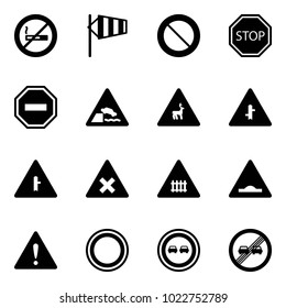 Solid vector icon set - no smoking sign vector, side wind, prohibition road, stop, way, embankment, wild animals, intersection, railway, artificial unevenness, attention, overtake, end limit