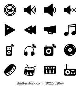 Solid vector icon set - no horn vector road sign, volume max, low, off, play, fast backward, loudspeaker, music, player, wireless headphones, speaker, cd, tambourine, drum, toy piano, radio
