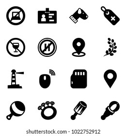 Solid vector icon set - no computer sign vector, identity, dog, medical label, alcohol, parking even road, map pin, golden branch, lighthouse, mouse wireless, micro flash card, navigation, beanbag