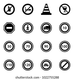 Solid vector icon set - no mobile sign vector, smoking, road cone, alcohol, way, pedestrian, truck, speed limit 10, 50, 70, 90, 100, 110, 120, bike, parking