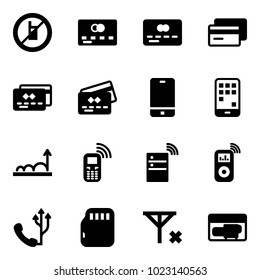Solid vector icon set - no mobile sign vector, credit card, phone, growth, server wireless, music player, micro flash, signal, generator