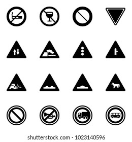 Solid vector icon set - no smoking sign vector, alcohol, prohibition road, giving way, oncoming traffic, embankment, light, intersection, gravel, rough, artificial unevenness, cow, horn, truck, bus