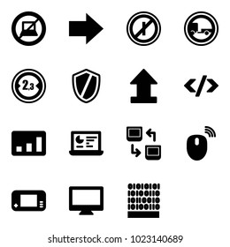 Solid vector icon set - no computer sign vector, right arrow, parkin odd, trailer road, limited width, shield, uplooad, tag code, statistics, monitor, data exchange, mouse wireless, game console