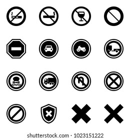 Solid vector icon set - no smoking sign vector, alcohol, prohibition road, way, car, moto, trailer, dangerous cargo, truck, turn back, stop, parking, shield cross, delete