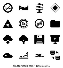 Solid vector icon set - no smoking sign vector, hotel, road signpost, main, airport, limited height, end overtake limit, folder, download cloud, upload, save, presentation board, growth, swimming