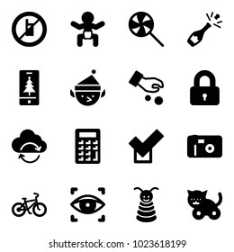 Solid Vector Icon Set - No Mobile Sign Vector, Baby, Lollipop, Champagne, Christmas, Elf, Investment, Locked, Refresh Cloud, Calculator, Check, Photo, Bike, Eye Scanner, Pyramid Toy, Cat