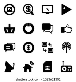 Solid vector icon set - no computer sign vector, money click, monitor cursor, play, basket, standby, dialog, finger up, dollar, data exchange, antenna, satellite, wireless home, sim, radio