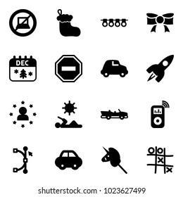 Solid vector icon set - no computer sign vector, christmas sock, garland, bow, calendar, way road, car, rocket, star man, reading, cabrio, music player, bezier, toy unicorn stick, Tic tac toe