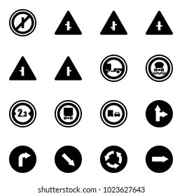 Solid vector icon set - no parkin odd, intersection vector road sign, trailer, dangerous cargo, limited width, truck overtake, only forward right, detour, circle