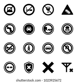 Solid vector icon set - no computer sign vector, smoking, alcohol, multi lane traffic road, left turn, car, trailer, dangerous cargo, horn, pedestrian, bus, back, overtake, shield cross, delete