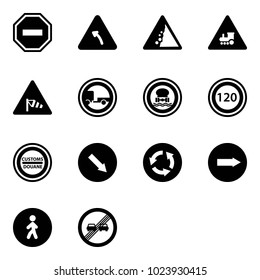 Solid vector icon set - no way vector road sign, turn left, landslide, railway intersection, side wind, trailer, dangerous cargo, speed limit 120, customs, detour, circle, only right, pedestrian