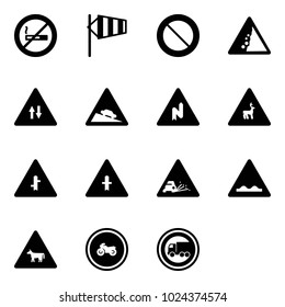 Solid vector icon set - no smoking sign vector, side wind, prohibition road, landslide, oncoming traffic, steep descent, abrupt turn right, wild animals, intersection, gravel, rough, cow, moto