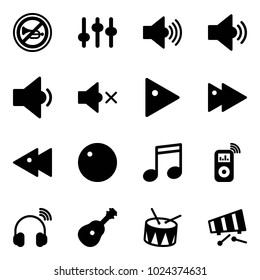 Solid vector icon set - no horn vector road sign, settings, volume max, medium, low, off, play, fast forward, backward, record, music, player, wireless headphones, guitar, drum, xylophone